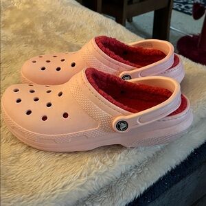 CROCS Pink Slip-On Fleece-Lined Clogs with Red Lining